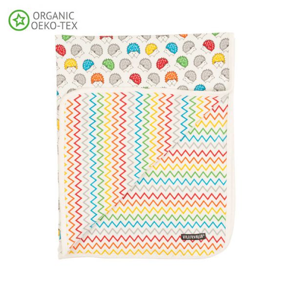 Villervalla Soft reversible tricot blanket hedgehog/rainbow zigzag, one side with print and one soli