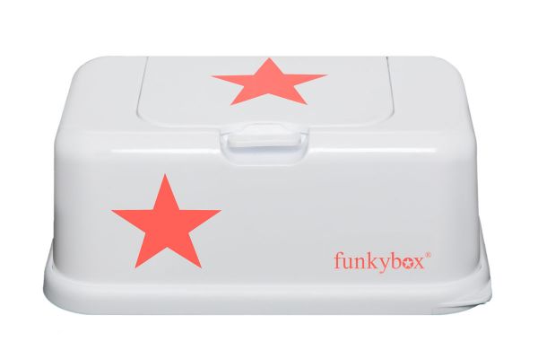 Funkybox Feuchttücherbox für den Wickeltisch oder die Toilette in weiß mit neon orangenen Sternen